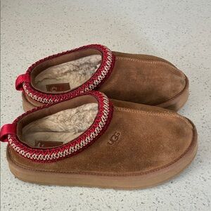 UGG Tan Suede Slippers with Red Accent